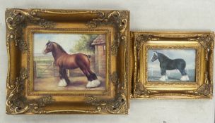 Two framed oil on board reproduction paintings depicting a Shire horse, both signed but signatures