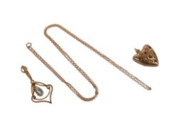 9ct gold pendant set with oval light blue stone and 9ct gold chain, chain broken, 3.9g and yellow