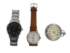 Gentlemans Emporio Armani stainless steel quartz wristwatch, Sekonda pocket watch together with