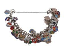 Silver bracelet with enamelled silver charms of city's from around the world, 51.3g.