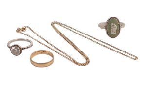 9ct gold wedding ring, size K, 9ct gold necklace, 3.3g and two Silver rings. (4)