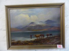 A gilt-framed Henry Hadfield Cubley (1858 - 1934) oil on board of a Highland scene, signed lower