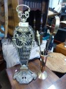 Brass expanding fire guard together with copper and brass fireside companion set (2)