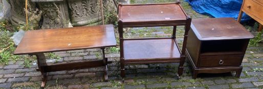 Two tier Mahogany drinks / side table together with stag bedside cabinet & small mahogany coffee