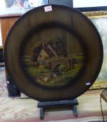 Early/mid-century circular wooden hand-painted firescreen, signed E. Gosling, diameter 60cm.