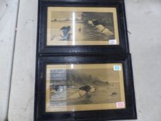 Two mid-20th-century framed watercolours depicting two dogs chasing a water rat, both signed J.