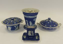 Wedgwood Blue dip ware to include:- Match Striker, two Potpourri lidded pots, footed planter with