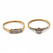 Two x 18ct Gold rings with small diamonds, both worn, 2.88g.