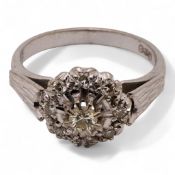 18ct hallmarked white Gold ladies diamond set dress ring cluster, size M/N, 4.58g.