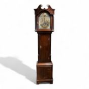 19th century Oak & Mahogany longcase Grandfather clock with Brass arched dial, weights & pendulum