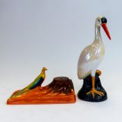 Carlton Ware unusual lustre model of a stork, h.21.5cm together with a bird and tree trunk pen & ink