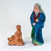 Antique Chinese Mudwoman Shiwan figure, h.16cm and a smaller terracotta figure. (2)