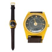 Jaeger-LeCoultre gentleman's disc calendar automatic wristwatch, gold plated dial, c1950s, dia. 3.