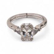 18ct Gold emerald cut diamond ring, ring size O expanding to S by means of hinged shoulders. Main