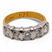 18ct Gold hallmarked diamond 5 stone ring, estimated total diamond weight 1.2ct, size M/N, 4.94g