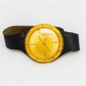 Jaeger-LeCoultre Memovox travel alarm converted into a wristwatch, gold plated dial, d. 4.25cm