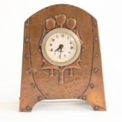 Arts & Crafts beaten Copper mantle clock, c1900, h.19 x w.14cm, later clock fitted.