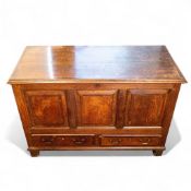 Georgian Oak two drawer Mule chest, crossbanded in Mahogany. H:87cm x W:127cm x D:57cm. COURIER OR