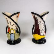 Lorna Bailey pair of handled hand painted vases, 'House and Path' pattern, height 22cm (2)