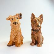 Two Sylvac seated Terriers both in brown glaze, one with collar model No.1207, Scottish Terrier
