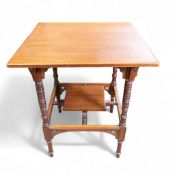 Aesthetic Walnut square side table on turned supports, circa 1910, H:70cm x W:60cm x D:60cm. COURIER