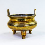 Antique Chinese bronze two handled Incense burner, decorated with incised floral decoration, with