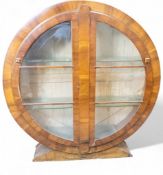 Art Deco Walnut veneered circular display cabinet, H:127cm x W:114cm x D:30cm. COURIER OR COLLECTION