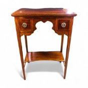 Edwardian Mahogany inlaid two drawer side table. H:72cm x W:50cm x D:32cm. COURIER OR COLLECTION