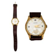 9ct Gold Garrard mechanical wristwatch, seconds dial with leather strap, inscribed presentation to
