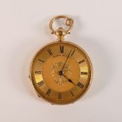 18ct ornate Gold pocket watch, the gilded dial marked Muret Geneve, d.4cm, bezel missing, 44.3g.