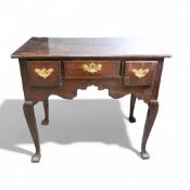 19th century Oak three drawer lowboy, brass handles on queen anne supports, 88cm x 54cm x h.70cm.