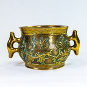 18th/19th century Chinese bronze two handled Incense burner, decorated with birds in blossoming