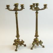 A pair of late 19th century ornate brass Church three branch candlesticks, featuring a cluster