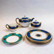 Wedgwood Powder Blue Columbia tea pot, sugar bowl, milk jug, 4 x 20 cm plates and a turquoise