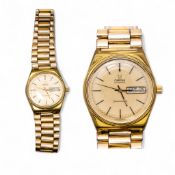 Omega Seamaster day date gentlemans Gold plated wristwatch and bracelet, d.3.8cm incl. crown.