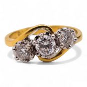 18ct yellow Gold hallmarked 3 stone diamond ring, indicated total diamond weight 1ct, size N/O, 5.