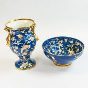 Copeland Spode twin handled vase decorated in gold on blue, together with a matching fruit bowl,
