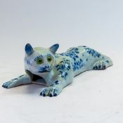 Desvres of France, Faience blue & white cat wall plaque with glass eyes, h.25cm.