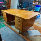 Abbess Teak Veneer large pedestal office desk. 5 drawers with writing slope and desk organiser -