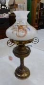Vintage oil lamp with burner, glass chimney with glass floral decorated shade. (H: 58cm)