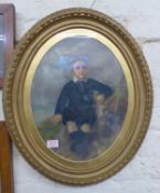 Late 19th/early 20th-century framed portrait of a young boy, signed Maria J E Bunling?, in oval gold