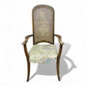Mid-century highback open armchair with bergere canework back, H 119cm, W 58cm, D 58cm.