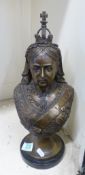 A bronze bust of Queen Victoria on plinth. (H: 42cm)