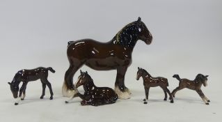 Royal Doulton, Shire mare 818, together with four thoroughbred foals standing or lying down. (5)