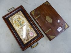 Twin-handled two tile mahogany framed tray with brass handles, together with a wooden box, in book