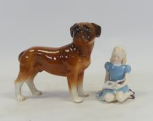 Royal Doulton character figure Alice HN2158 together with Melba ware boxer dog. (H: 19cm) (2)