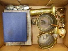 Mixed metalware to include brass planters, heavy gauge brass vase, cased and loose cutlery, miners
