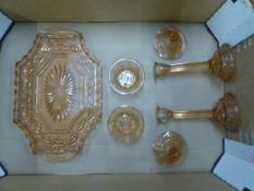 Depression glass ladies' dressing table set in peach (1 tray).