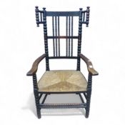 Early 20th-century bobbin turned open wing-back armchair with rush seating, H 109cm x W 58cm x D