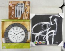 A mixed collection of items to include Westminster wall clock, Orion cutlery set and framed abstract